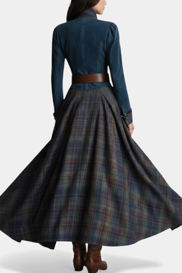 Liza Retro Ethnic Style Maxi Checkered Suede Dress
