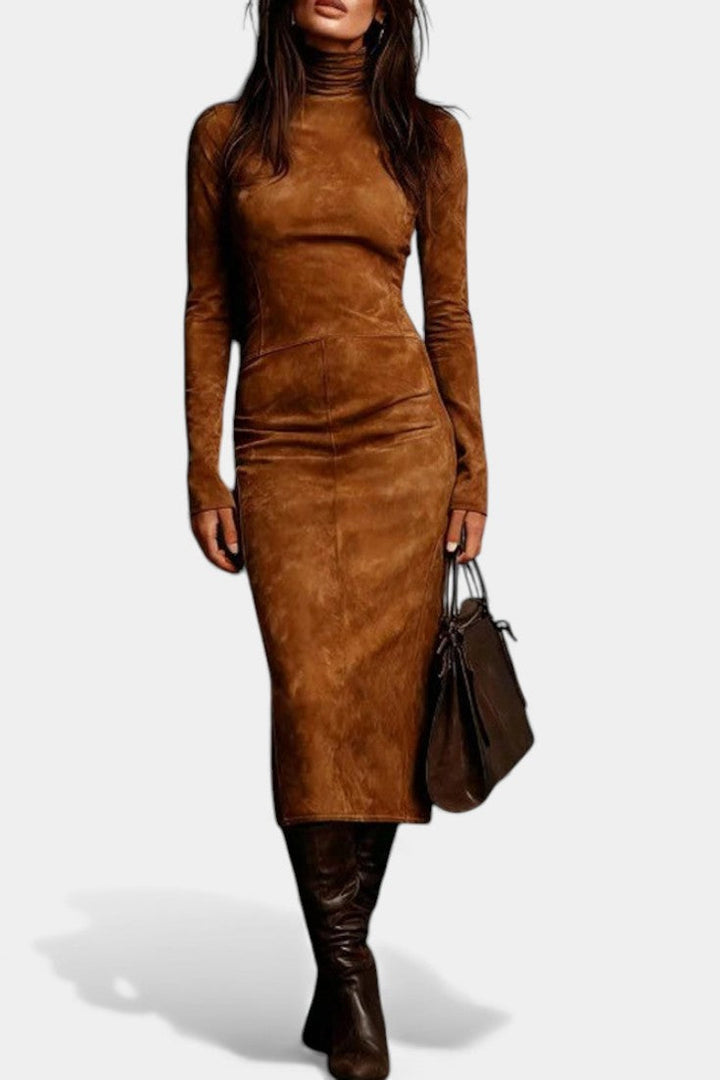 Océane Midi Dress in Suede with High Collar and Long Sleeves