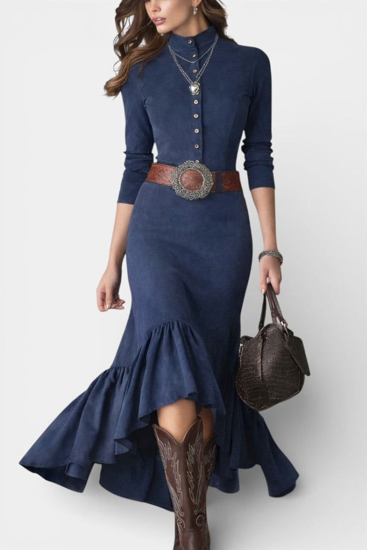 Louna Navy Blue High Collar Maxi Dress with Buttons and Asymmetrical Hem
