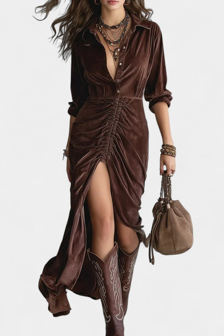 Quitterie Midi Dress in Pleated Velvet with Vintage Buttons