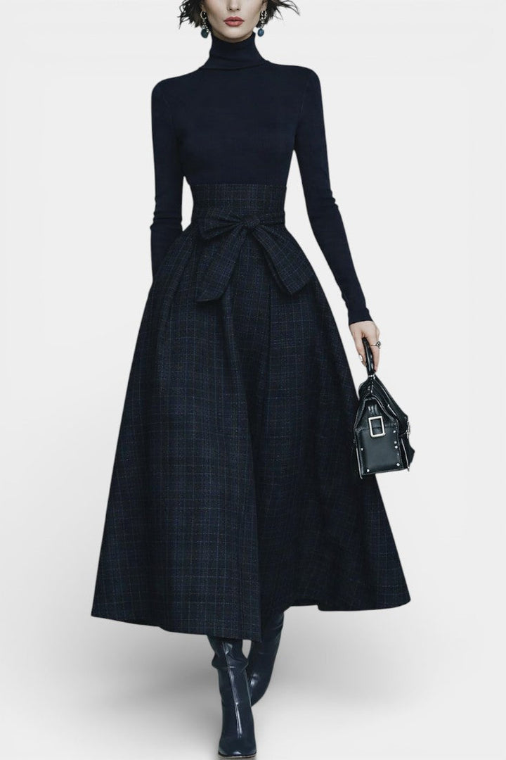 Angelika Ensemble High Neck Midnight Blue and Checkered Skirt