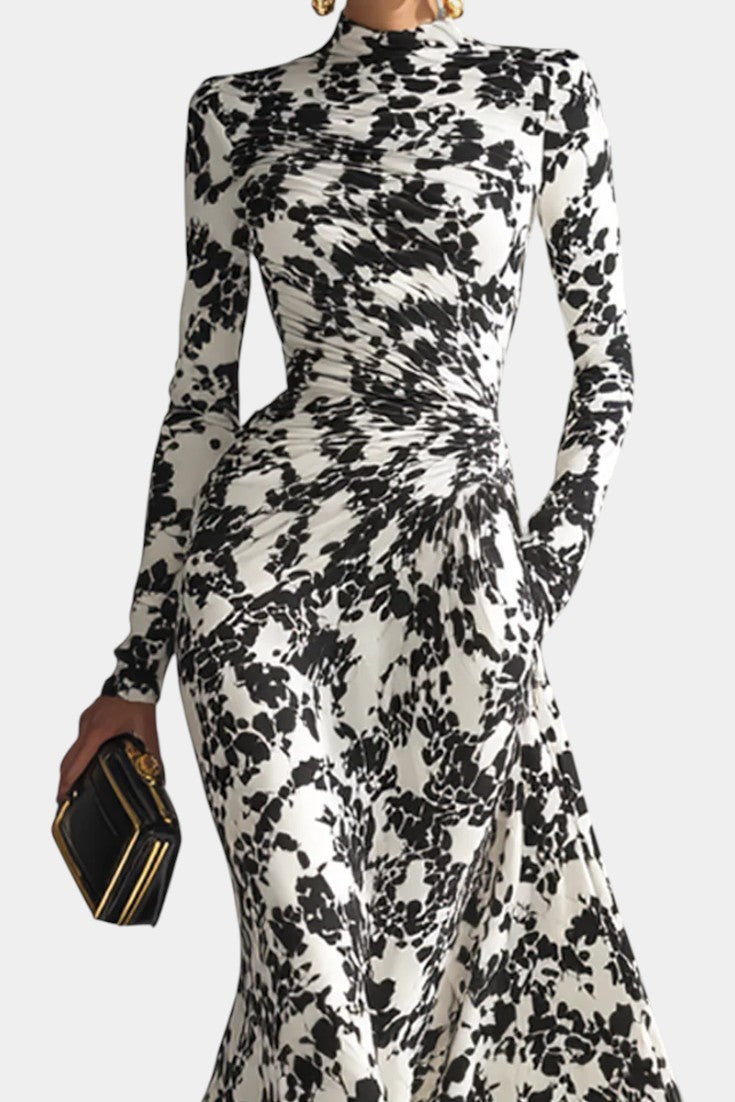 Amada Floral Black and White Wrap Dress with High Collar
