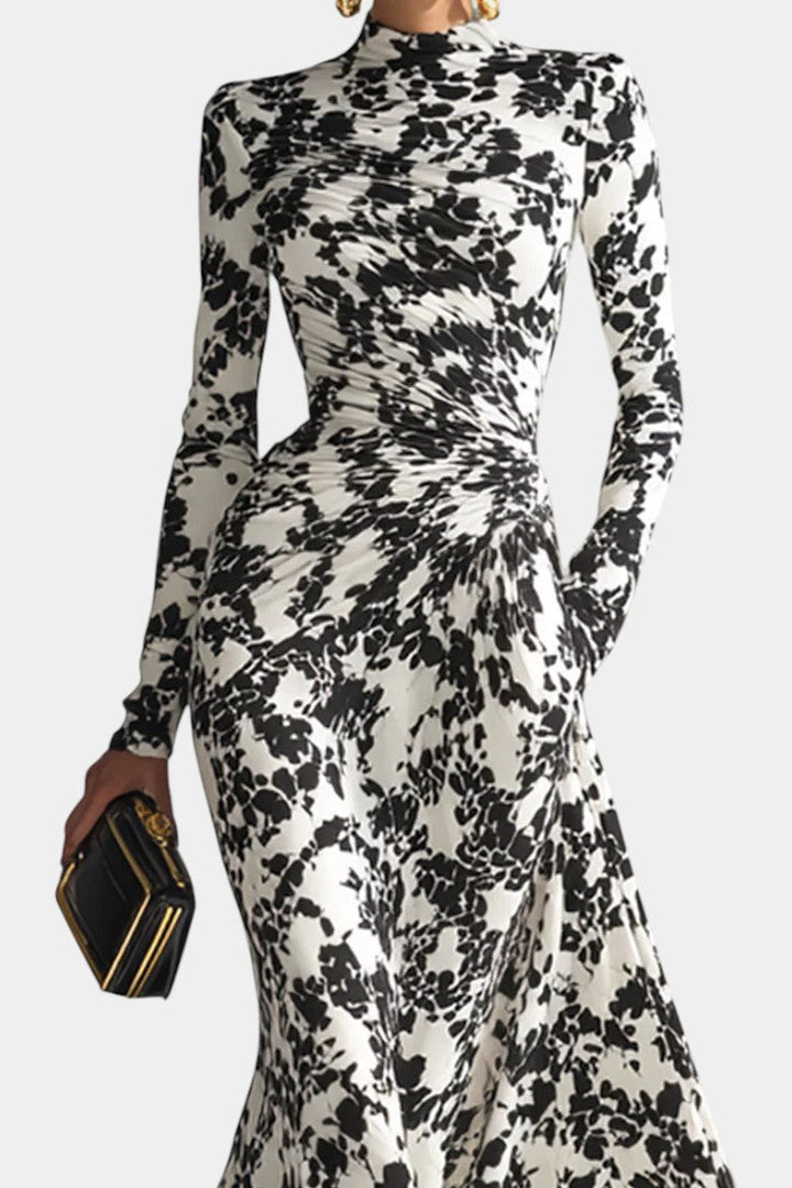 Amada Floral Black and White Wrap Dress with High Collar