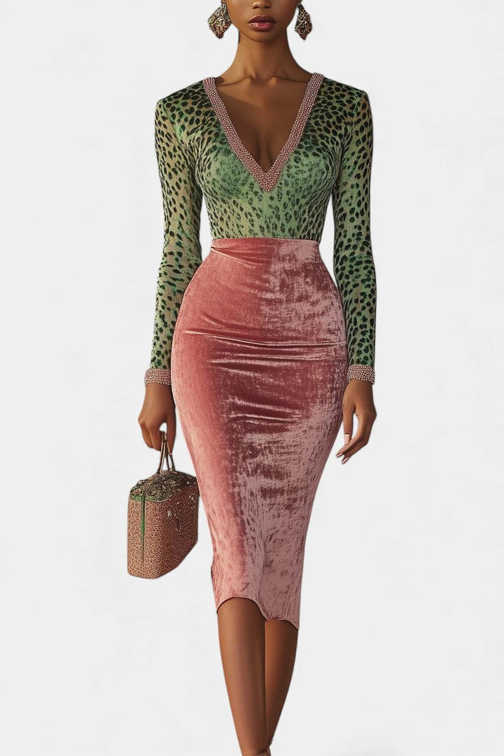 Leanne™ Midi Bodycon Dress in Pink and Green Velvet with Leopard Print