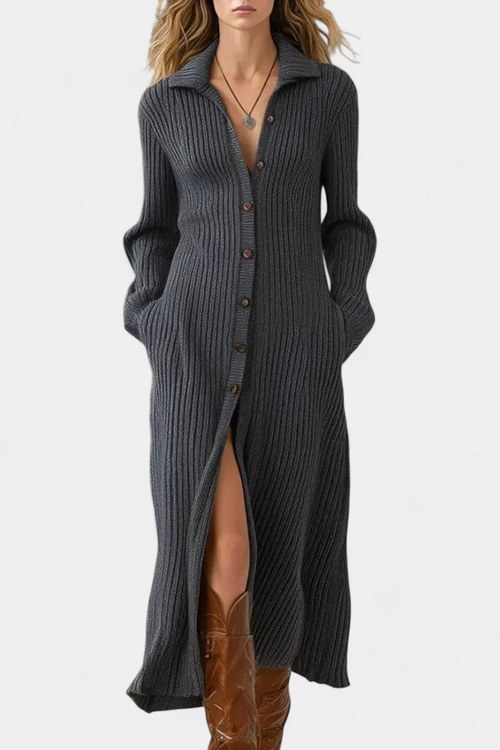 Thea Long Knit Dress with Shirt Collar