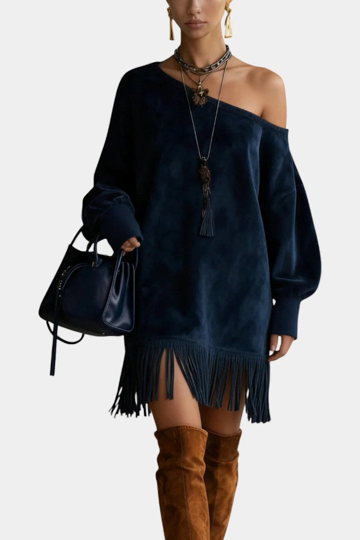 Janine™ Navy Suede Dress with Off-the-Shoulder Design and Fringed Hem