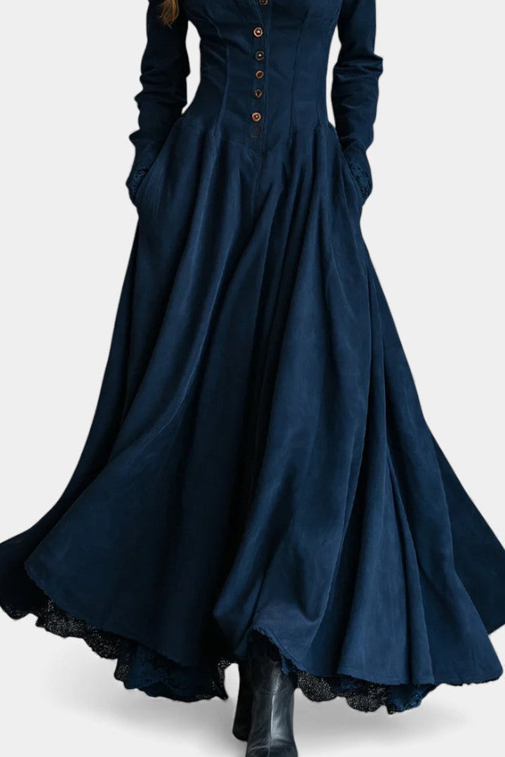 Maravilla Long Suede Dress with Shirt Collar and Lace