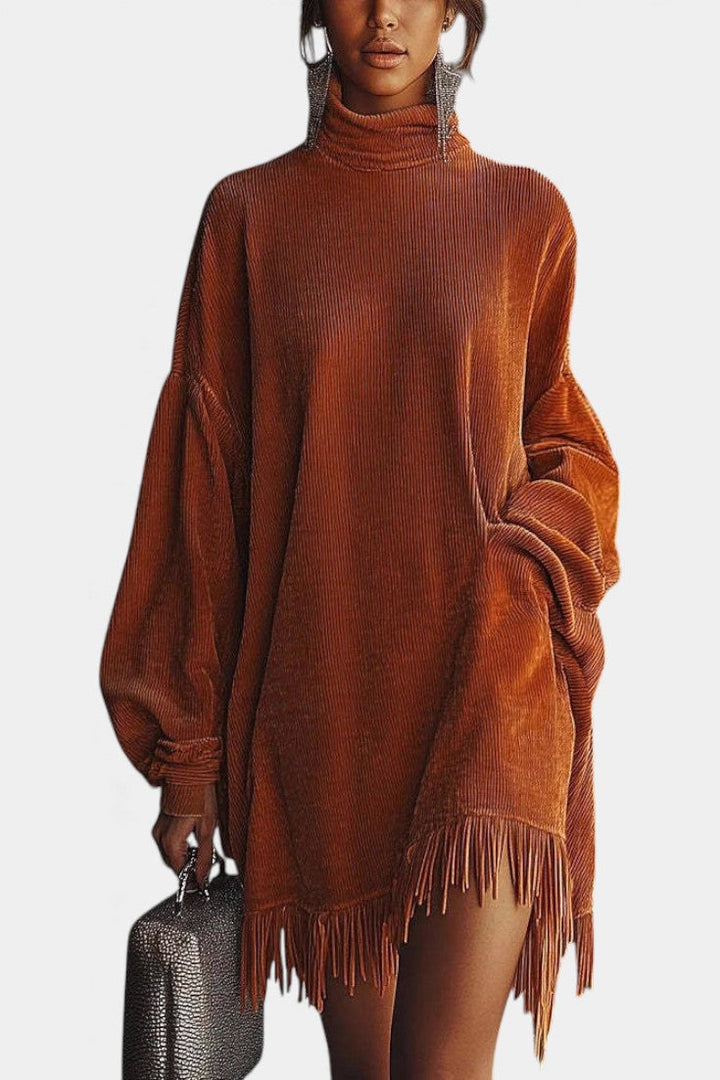 Kathryn™ Velvet Corduroy Dress in Orange with High Collar and Fringed Hem
