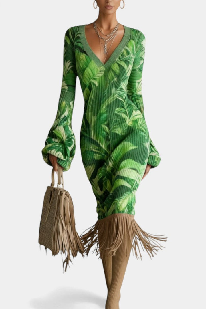 Donna™ Midi Dress with Textured Leaf Print & Fluid Fringes