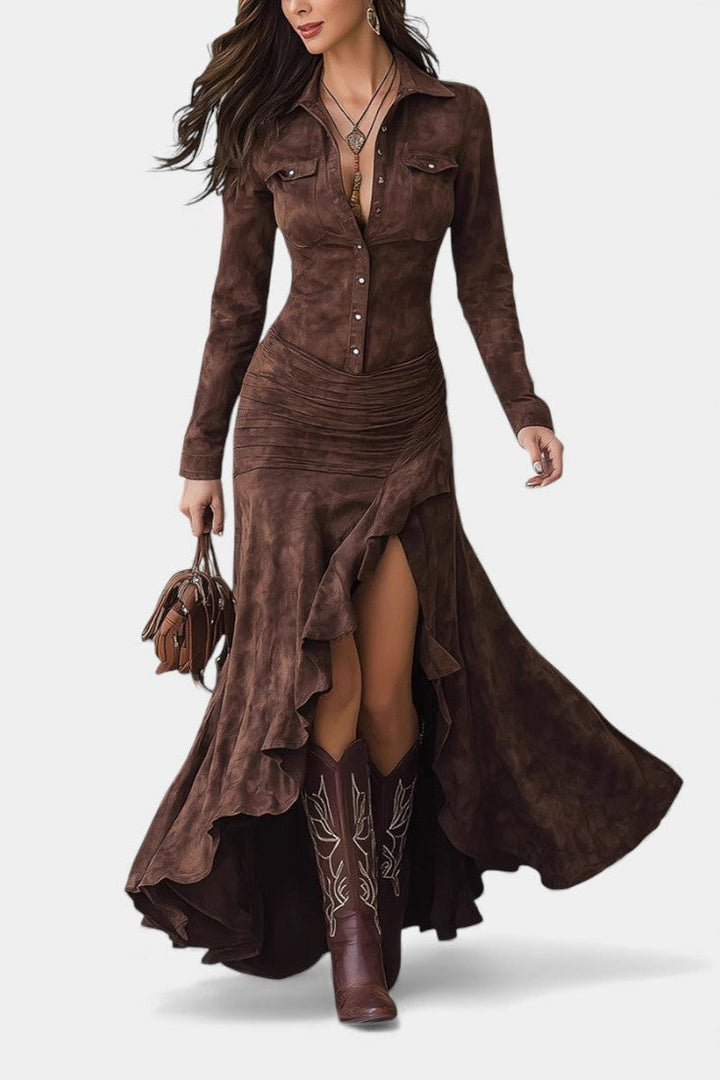 Tilda™ Long Brown Retro Dress with Irregular Ruffles