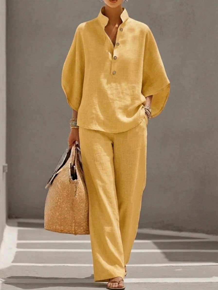 Eszter™ | Cotton and Canvas Set with Batwing Sleeves and Wide-Leg Trousers