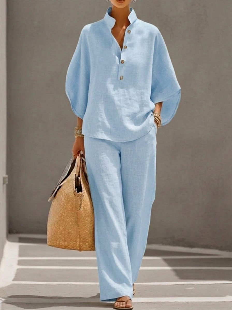 Eszter™ | Cotton and Canvas Set with Batwing Sleeves and Wide-Leg Trousers