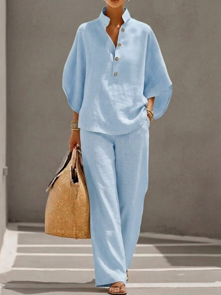 Eszter™ | Cotton and Canvas Set with Batwing Sleeves and Wide-Leg Trousers