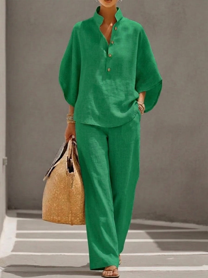 Eszter™ | Cotton and Canvas Set with Batwing Sleeves and Wide-Leg Trousers