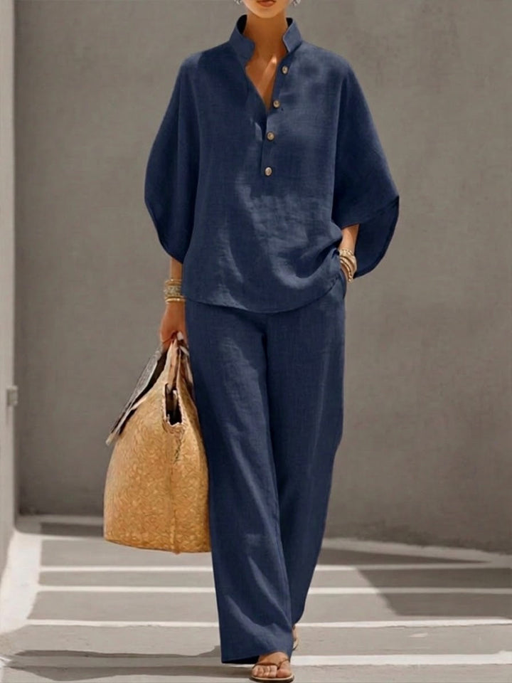 Eszter™ | Cotton and Canvas Set with Batwing Sleeves and Wide-Leg Trousers