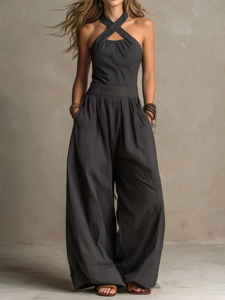 Bianca | Elegant Crossover Neckline Linen and Cotton Jumpsuit