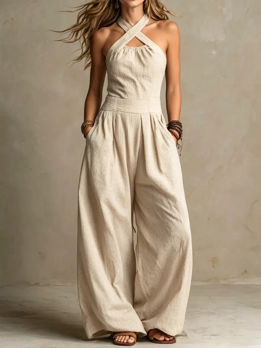 Bianca | Elegant Crossover Neckline Linen and Cotton Jumpsuit