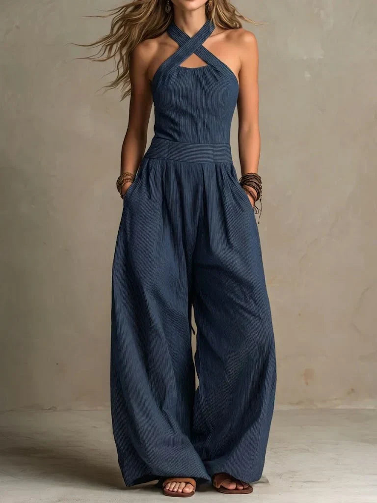 Bianca | Elegant Crossover Neckline Linen and Cotton Jumpsuit