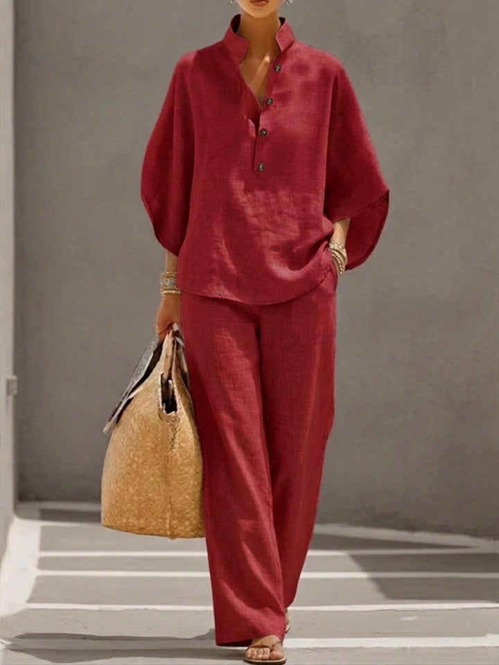 Eszter™ | Cotton and Canvas Set with Batwing Sleeves and Wide-Leg Trousers