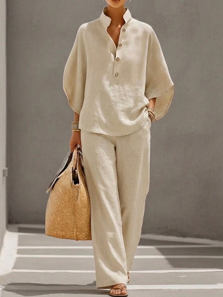 Eszter™ | Cotton and Canvas Set with Batwing Sleeves and Wide-Leg Trousers