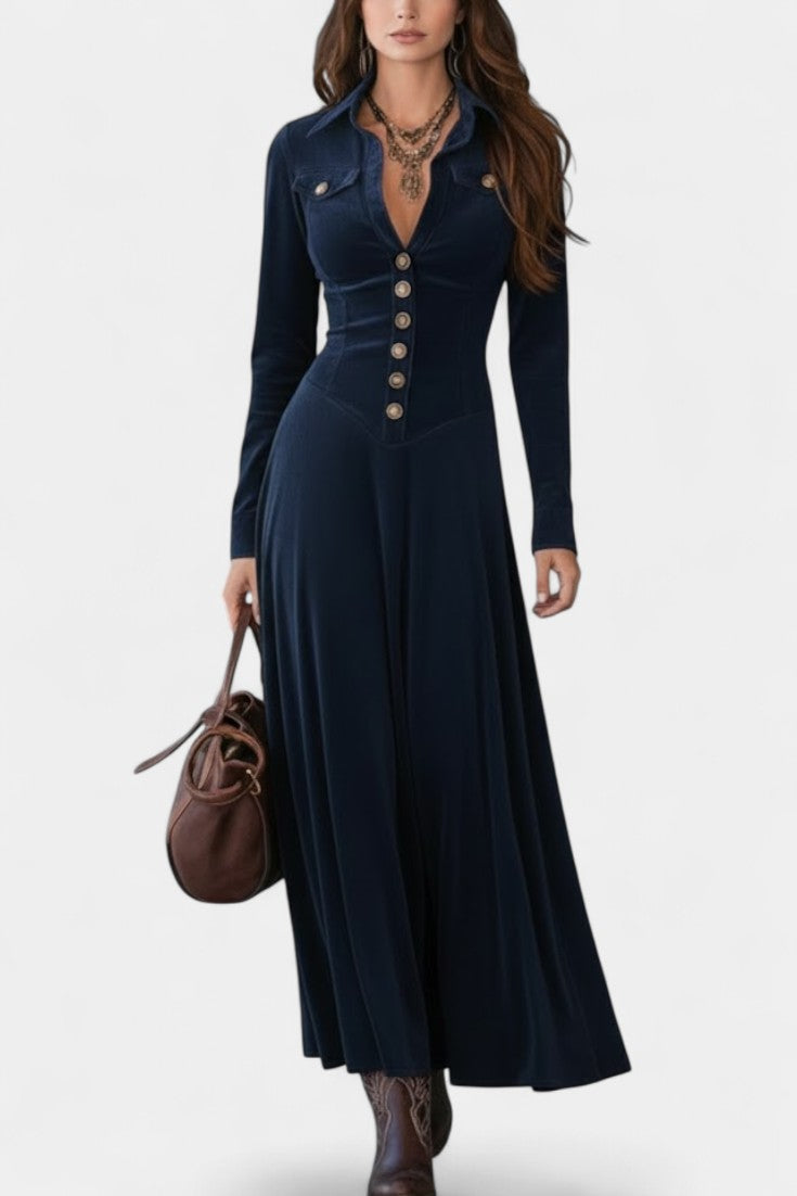 Romy Long Suede Dress with Buttons and Plunging Neckline